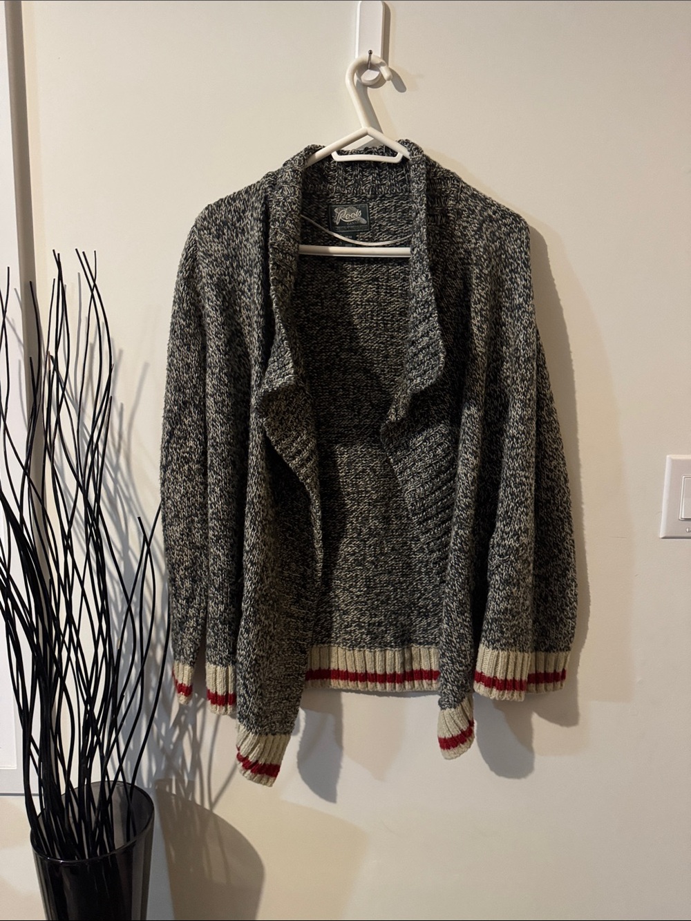 Roots Gray Marled Open Cardigan with Red & Cream Trim